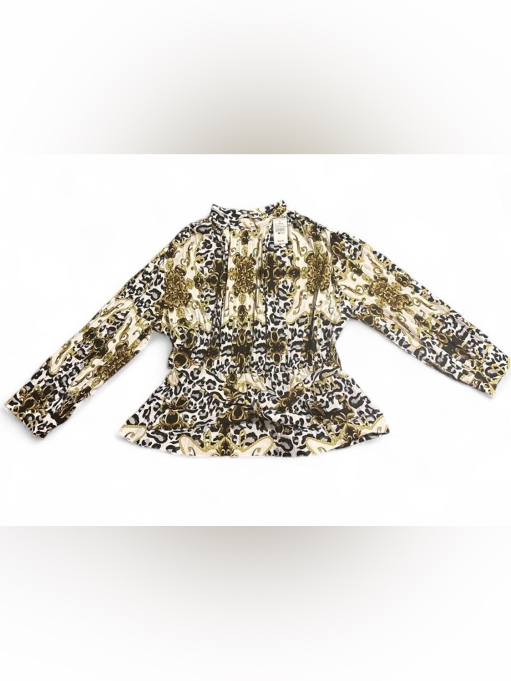 Ashley Stewart Gold, Black and White Printed Peplum Blouse